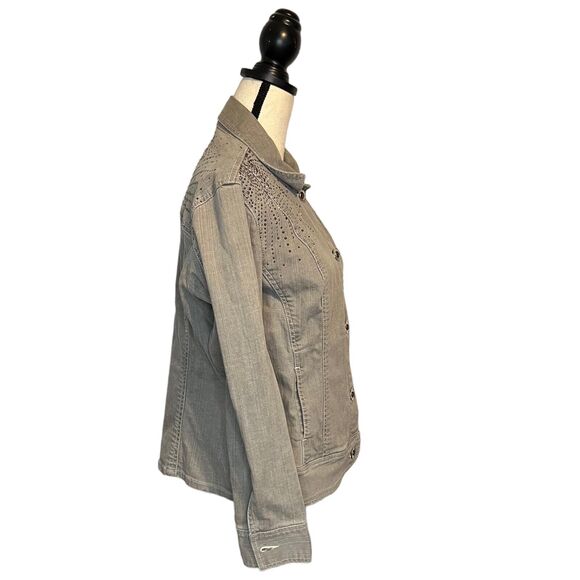 Chicos Platinum Grey Jewel Denim Jacket Studs Grey Size 2 Long Sleeve Coat Gray - Picture 3 of 6
